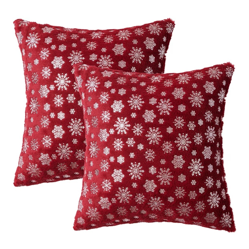 Snowflake Faux Fur SQUARE Pillow Covers RED/SILVER 18x18” (2-Pack)